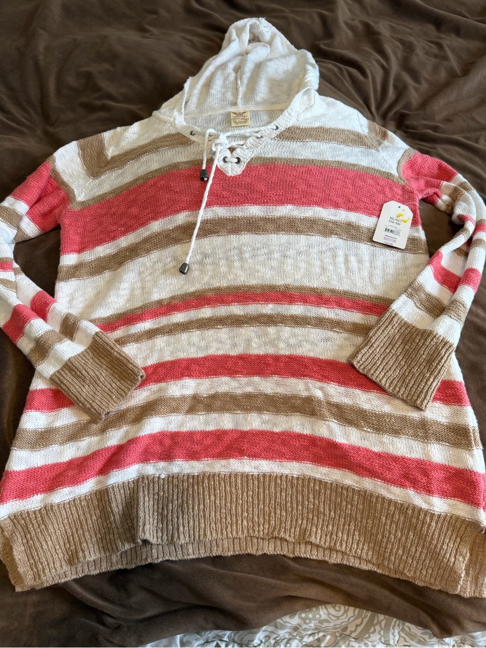 Faded Glory Striped Open Knit Hooded Sweater Juniors XL 16-18 NWT